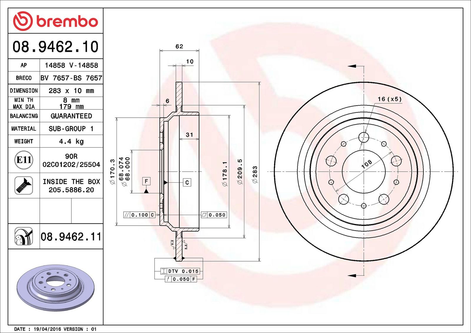 BREMBO 08.9462.11 - Bremsscheibe
