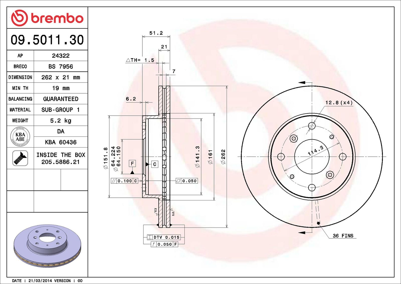 BREMBO 09.5011.30 - Bremsscheibe