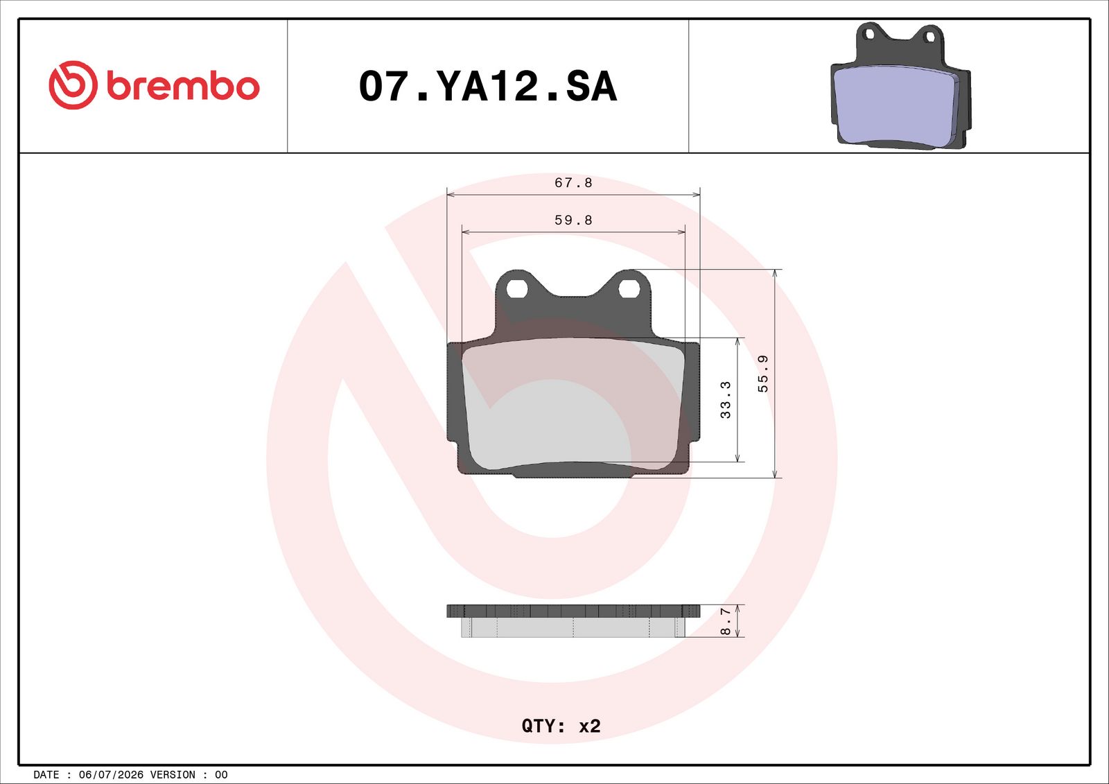 BREMBO 07YA12SA - Bremsbelagsatz, Scheibenbremse