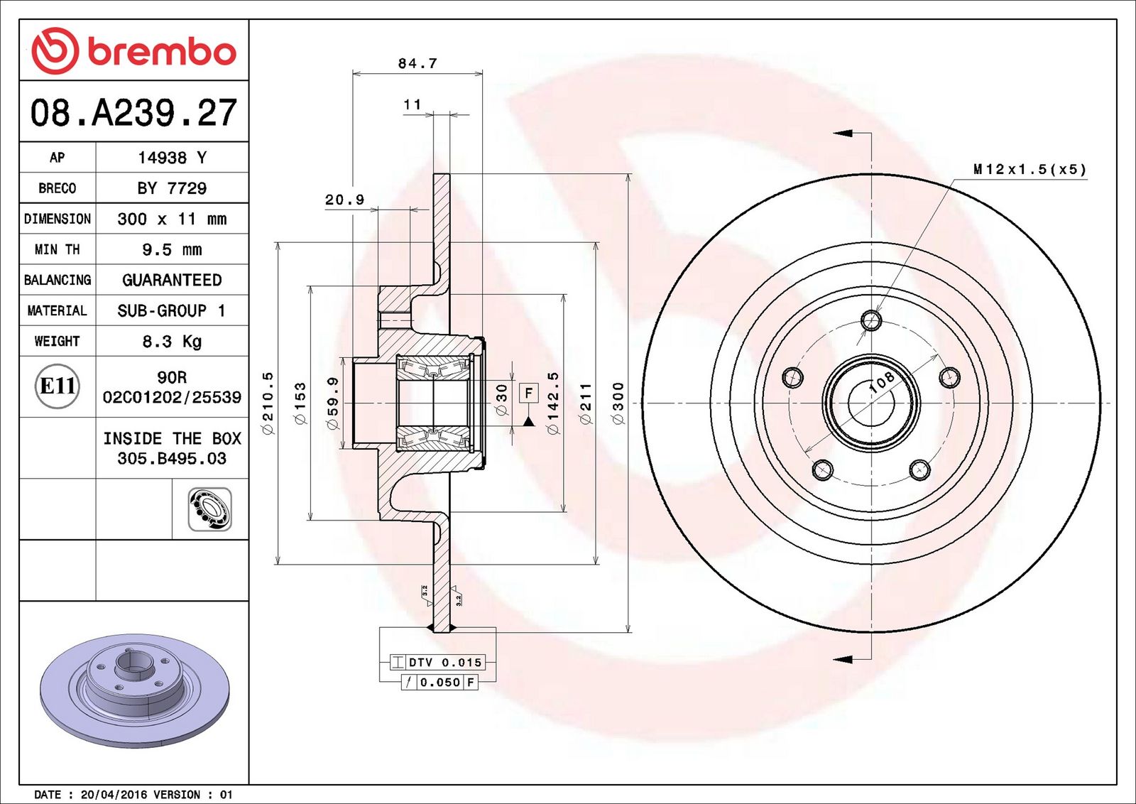 BREMBO 08.A239.27 - Bremsscheibe