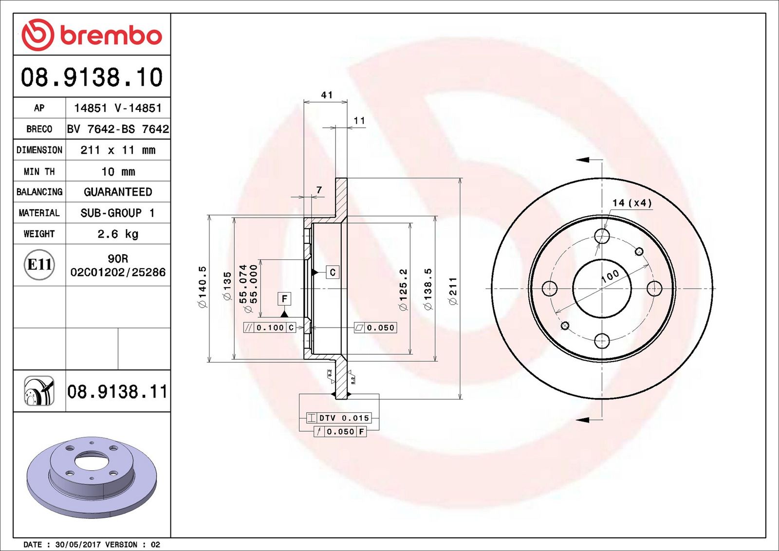 BREMBO 08.9138.10 - Bremsscheibe