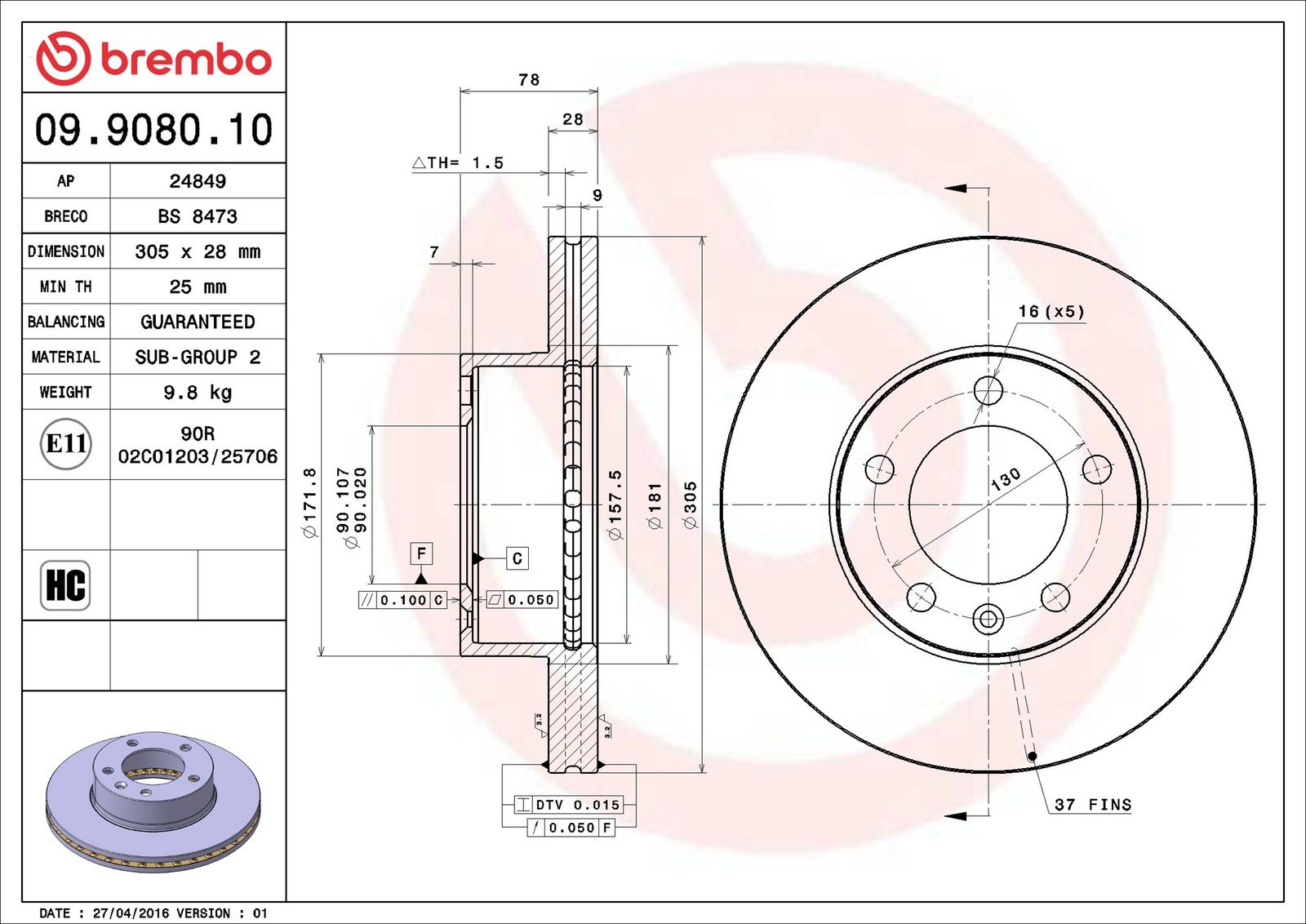 BREMBO 09.9080.10 - Bremsscheibe