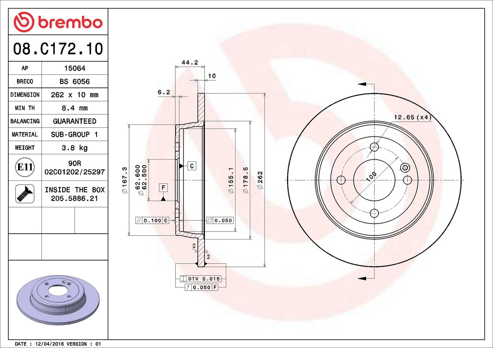 BREMBO 08.C172.10 - Bremsscheibe