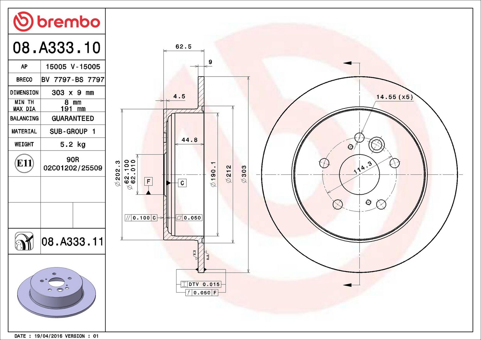 BREMBO 08.A333.11 - Bremsscheibe