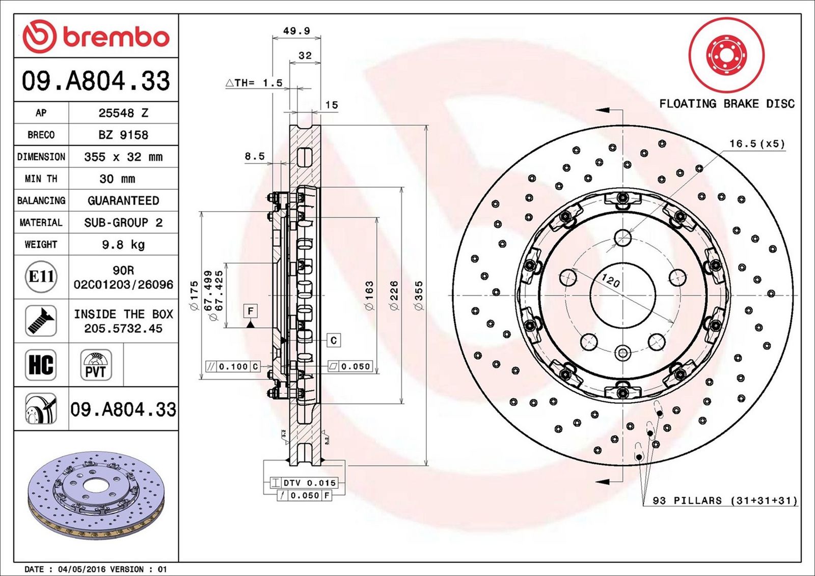 BREMBO 09.A804.33 - Bremsscheibe