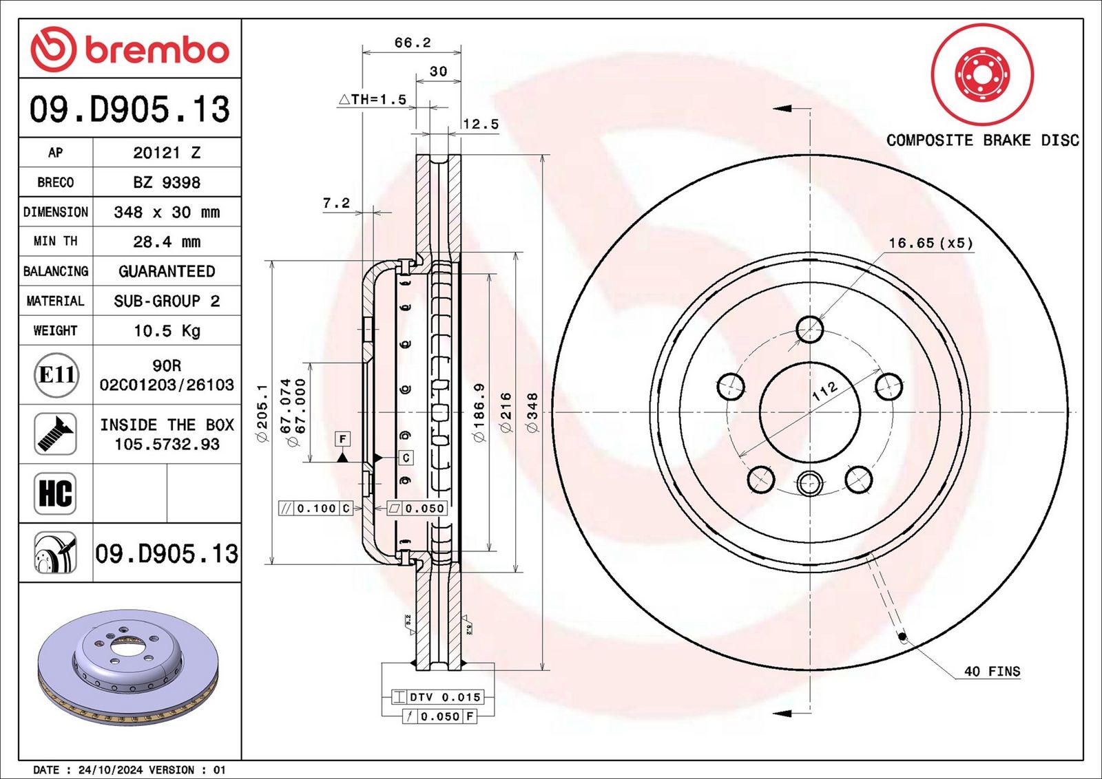 BREMBO 09.D905.13 - Bremsscheibe