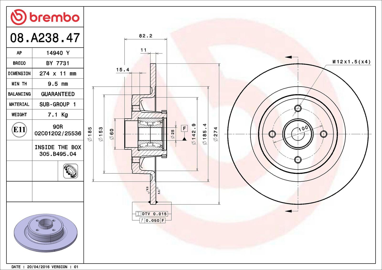 BREMBO 08.A238.47 - Bremsscheibe