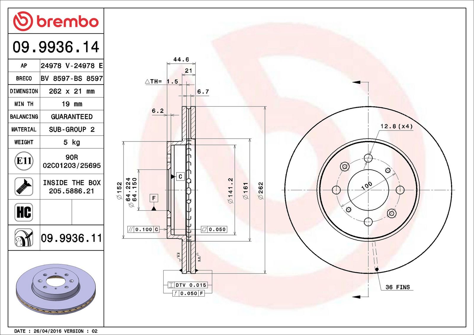 BREMBO 09.9936.11 - Bremsscheibe