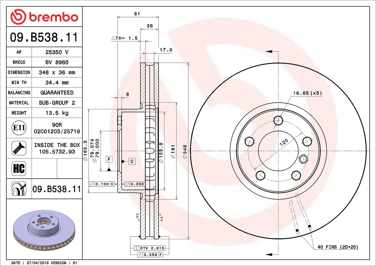 BREMBO 09.B538.11 - Bremsscheibe