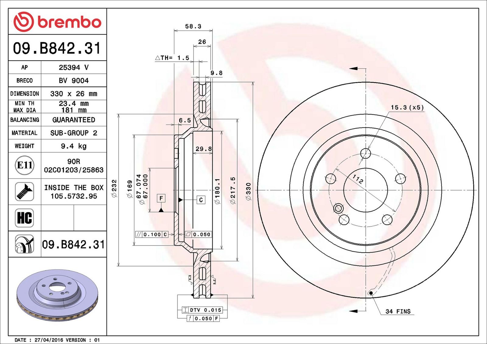 BREMBO 09.B842.31 - Bremsscheibe