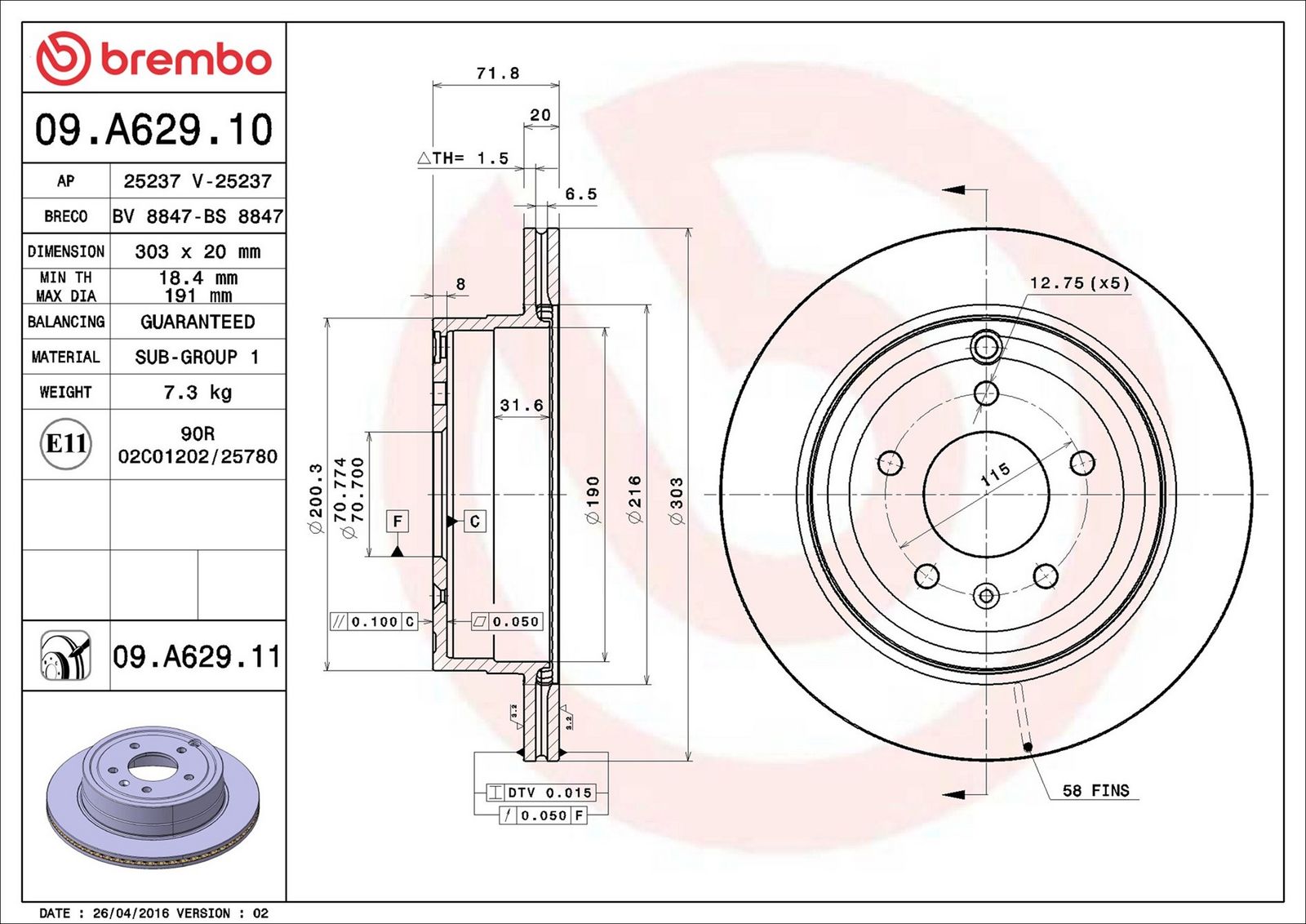 BREMBO 09.A629.11 - Bremsscheibe