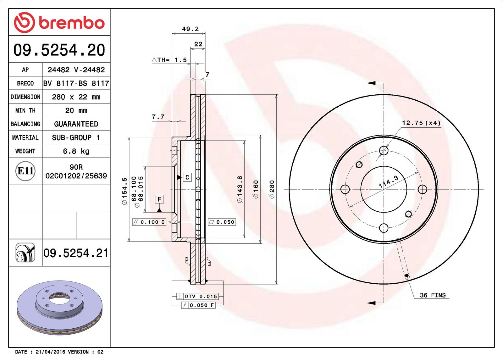 BREMBO 09.5254.21 - Bremsscheibe