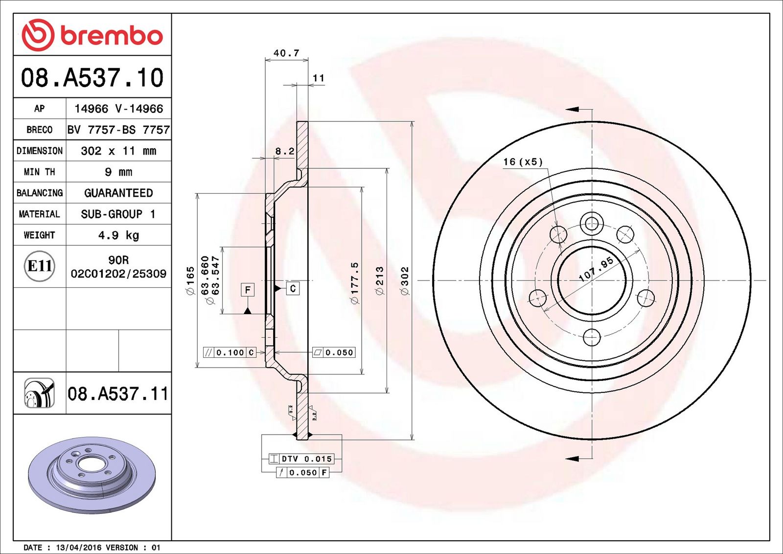BREMBO 08.A537.11 - Bremsscheibe