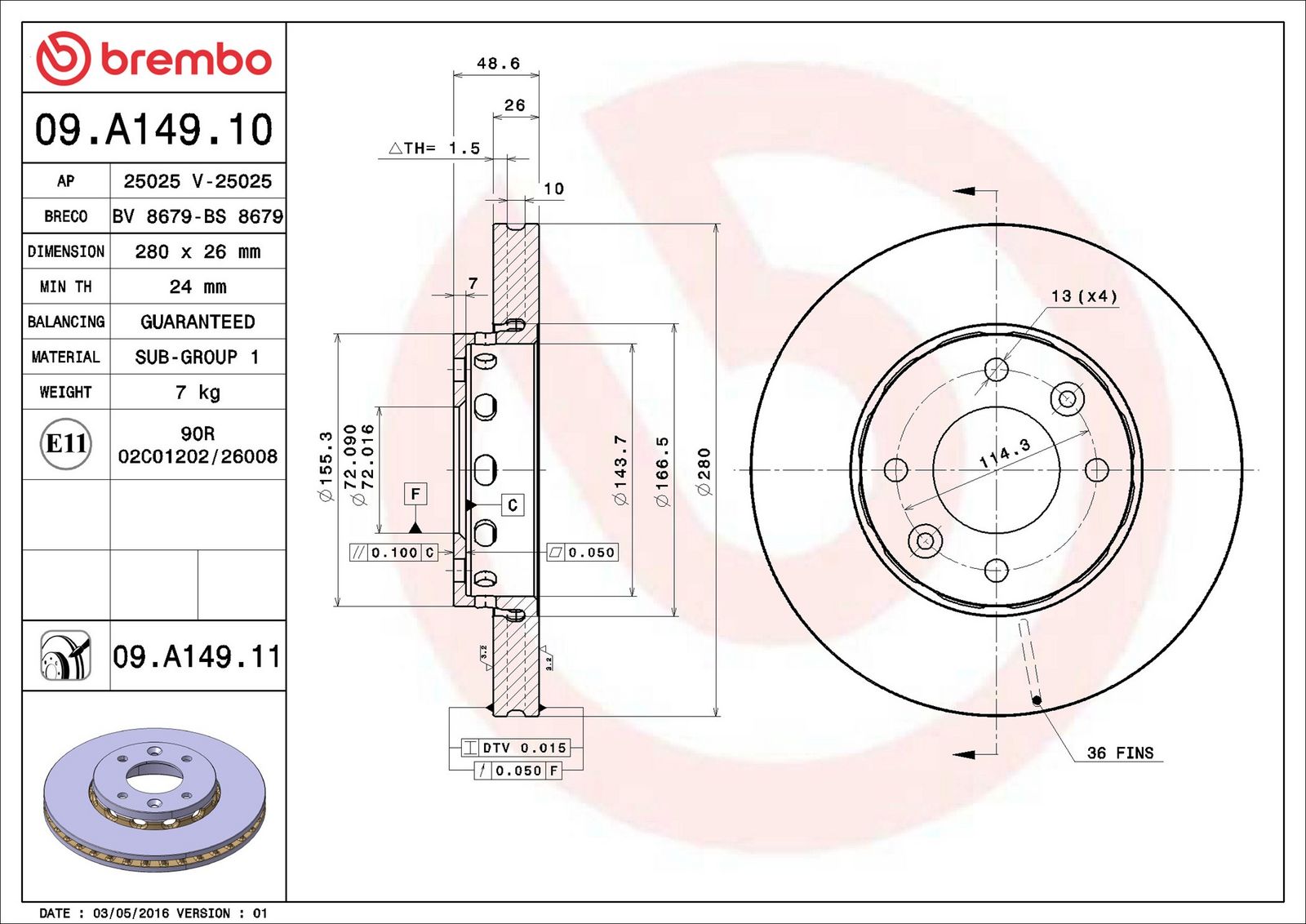 BREMBO 09.A149.11 - Bremsscheibe