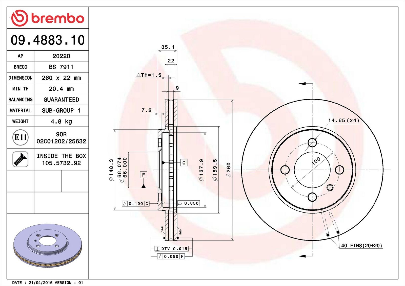 BREMBO 09.4883.10 - Bremsscheibe