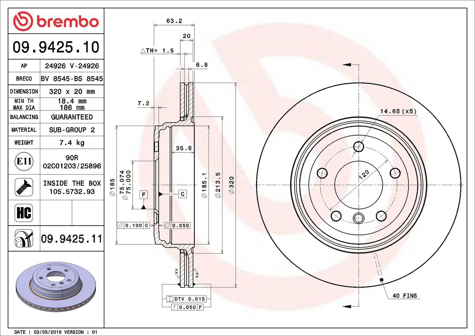 BREMBO 09.9425.11 - Bremsscheibe
