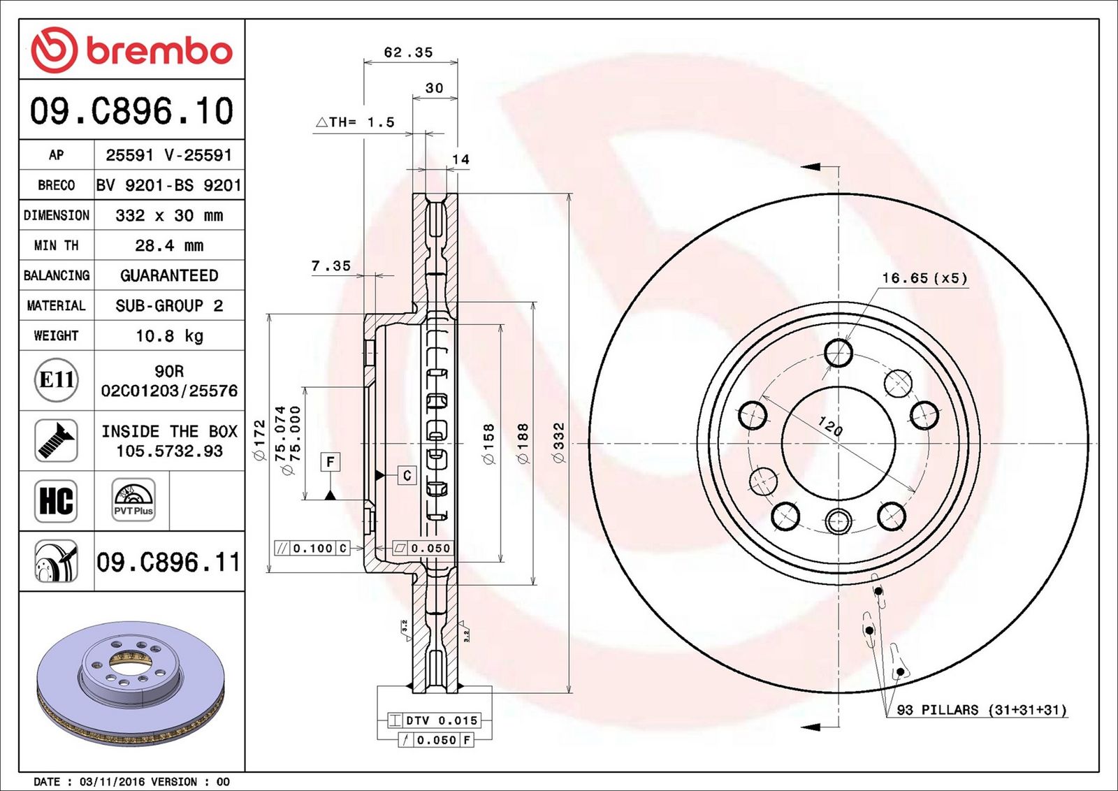 BREMBO 09.C896.11 - Bremsscheibe