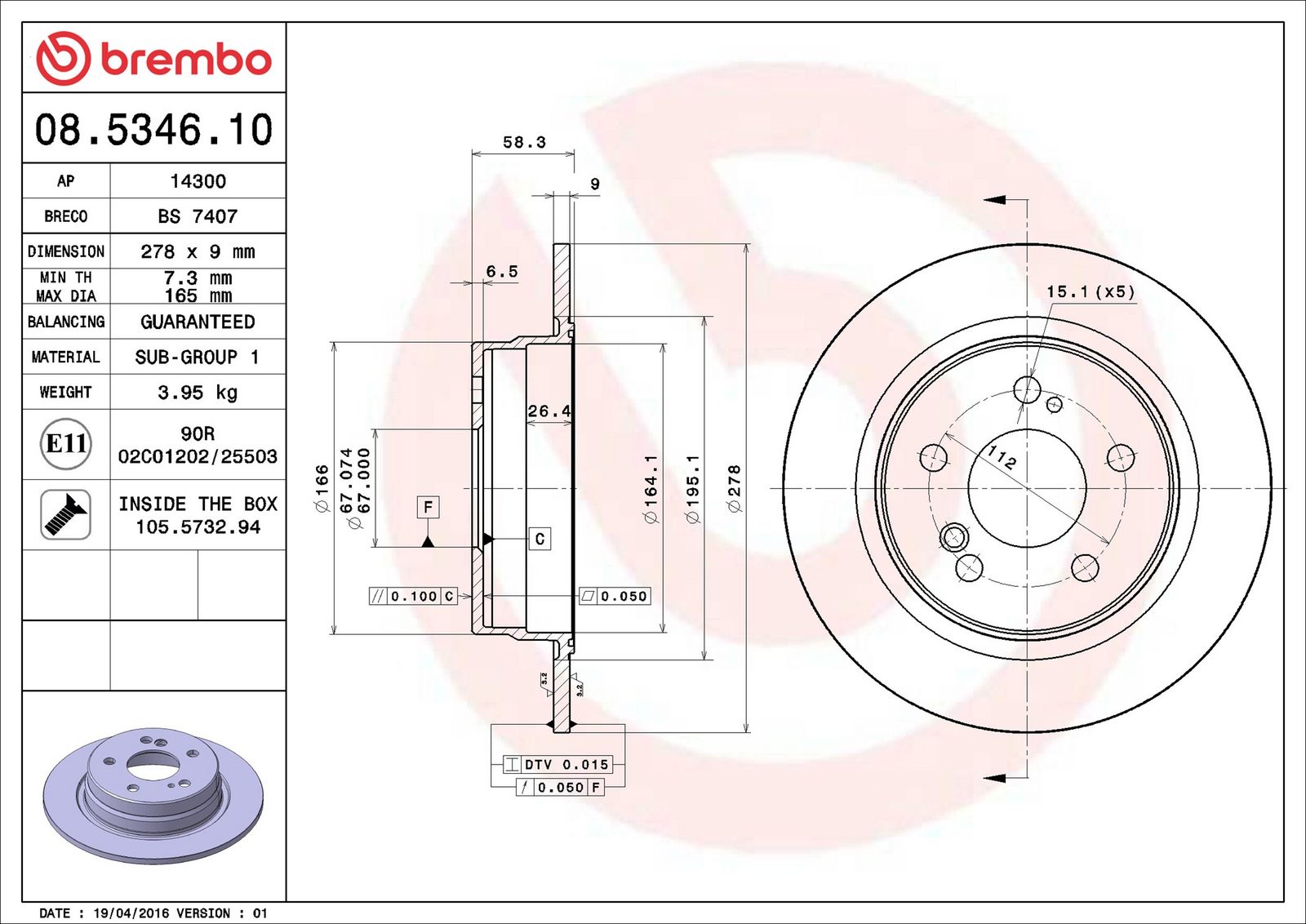 BREMBO 08.5346.10 - Bremsscheibe