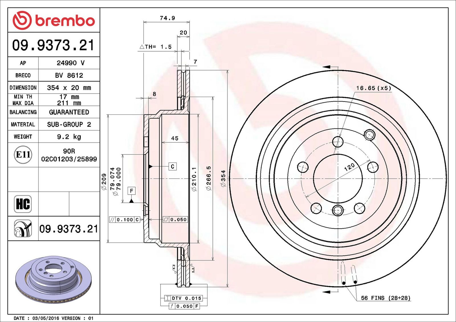 BREMBO 09.9373.21 - Bremsscheibe