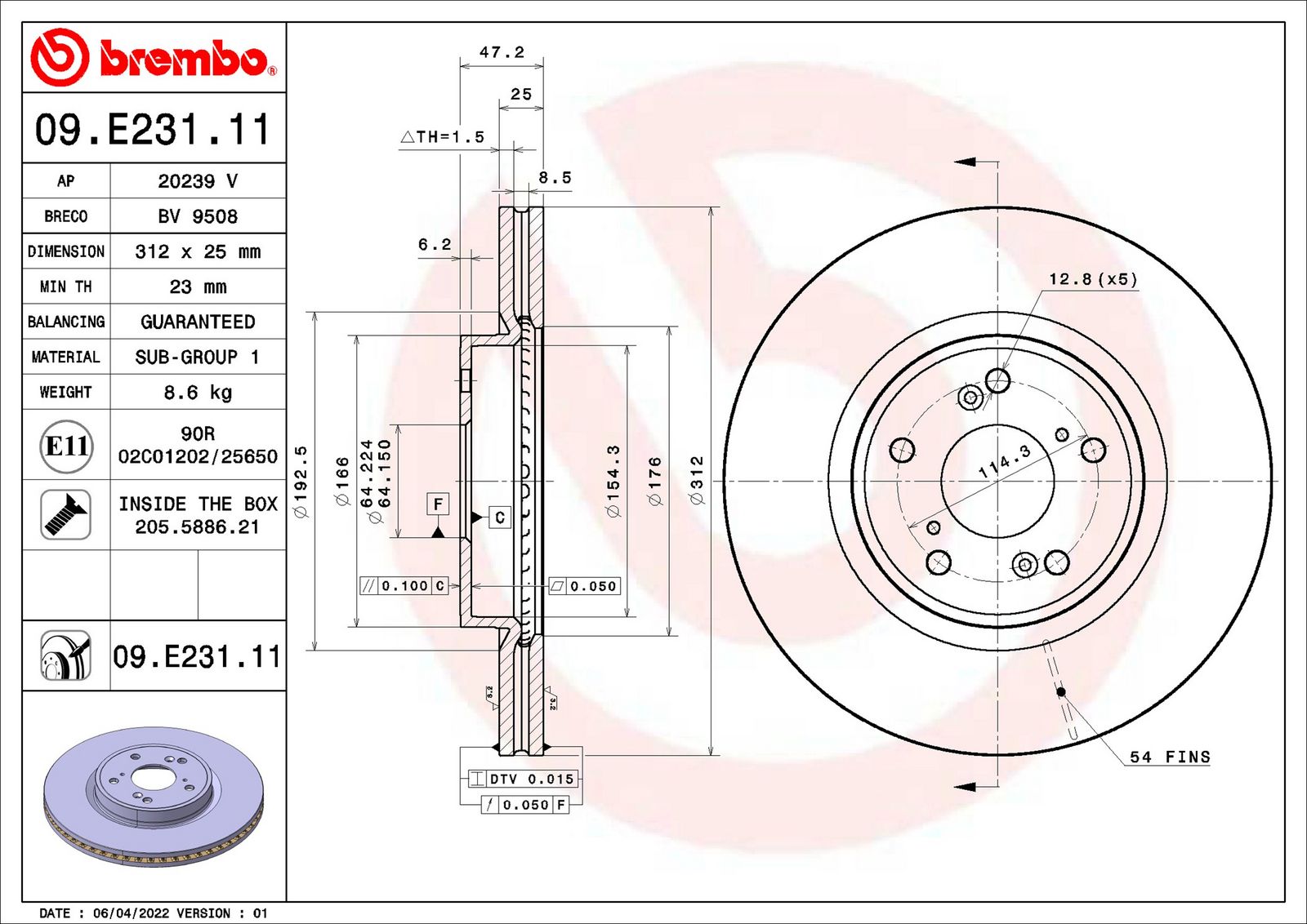 BREMBO 09.E231.11 - Bremsscheibe