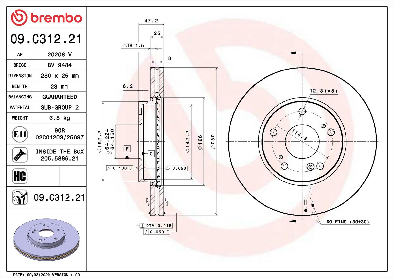 BREMBO 09.C312.21 - Bremsscheibe