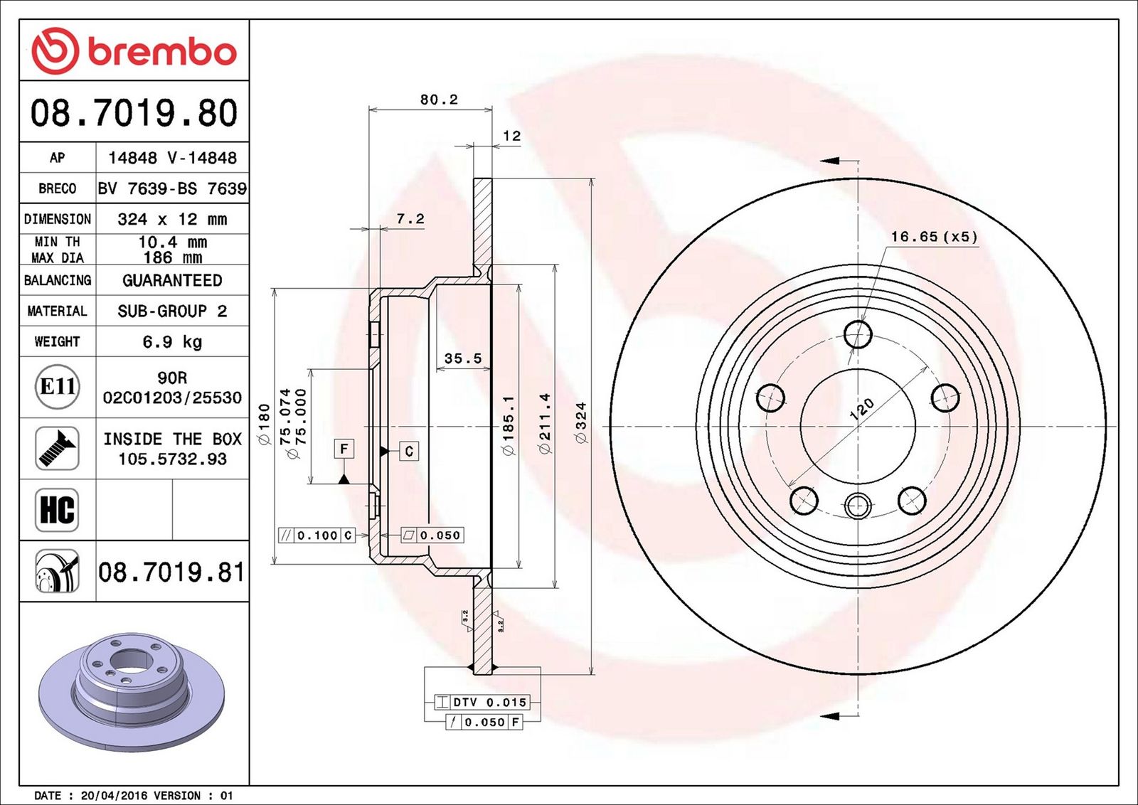 BREMBO 08.7019.81 - Bremsscheibe