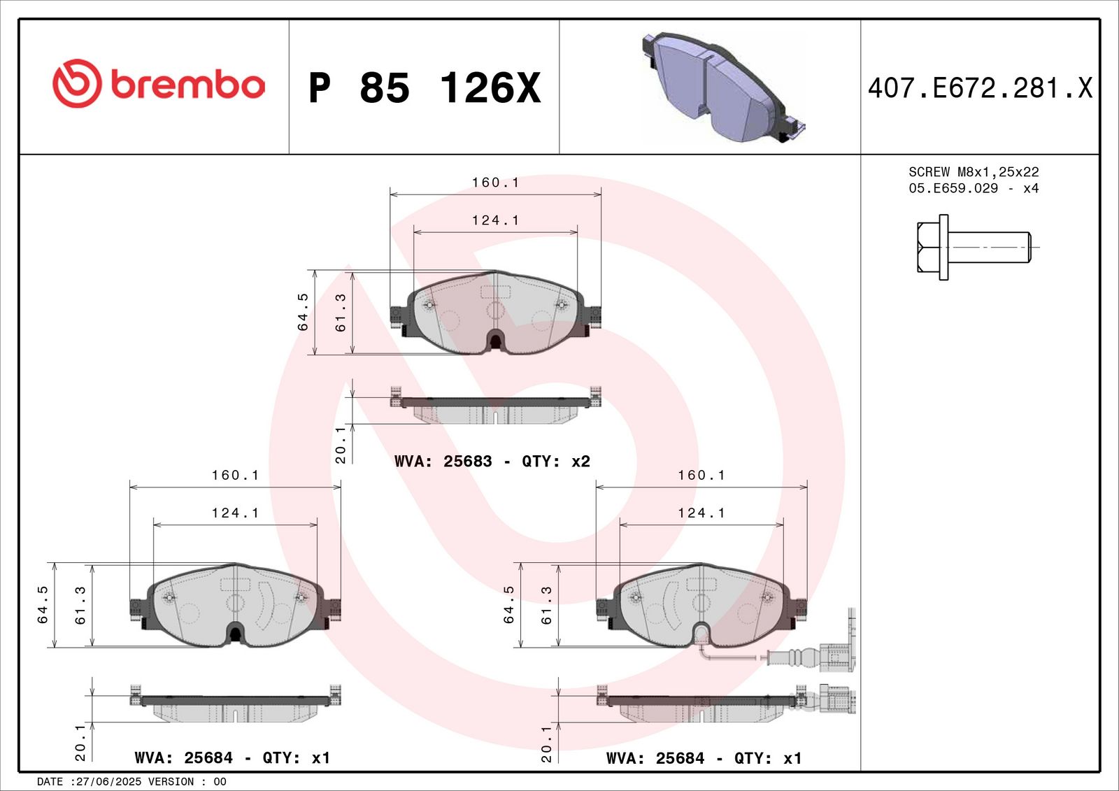 BREMBO P 85 126X - Bremsbelagsatz, Scheibenbremse