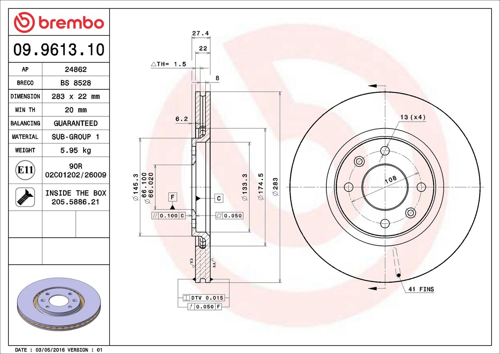 BREMBO 09.9613.10 - Bremsscheibe