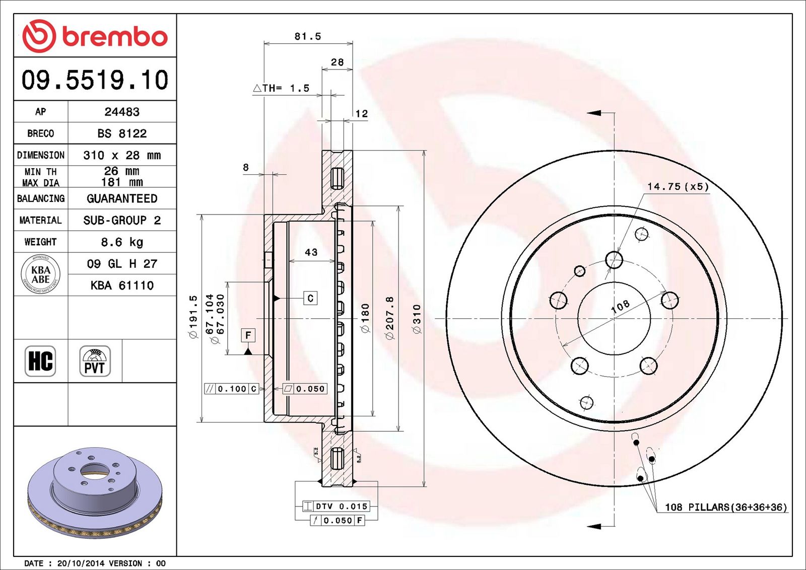 BREMBO 09.5519.10 - Bremsscheibe