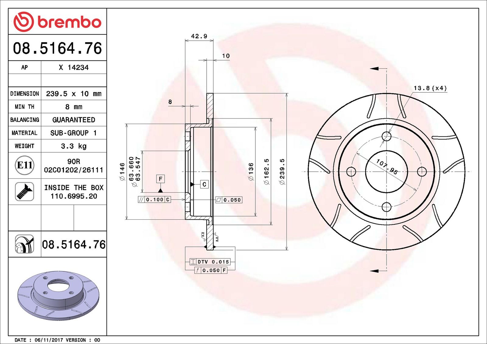 BREMBO 08.5164.76 - Bremsscheibe