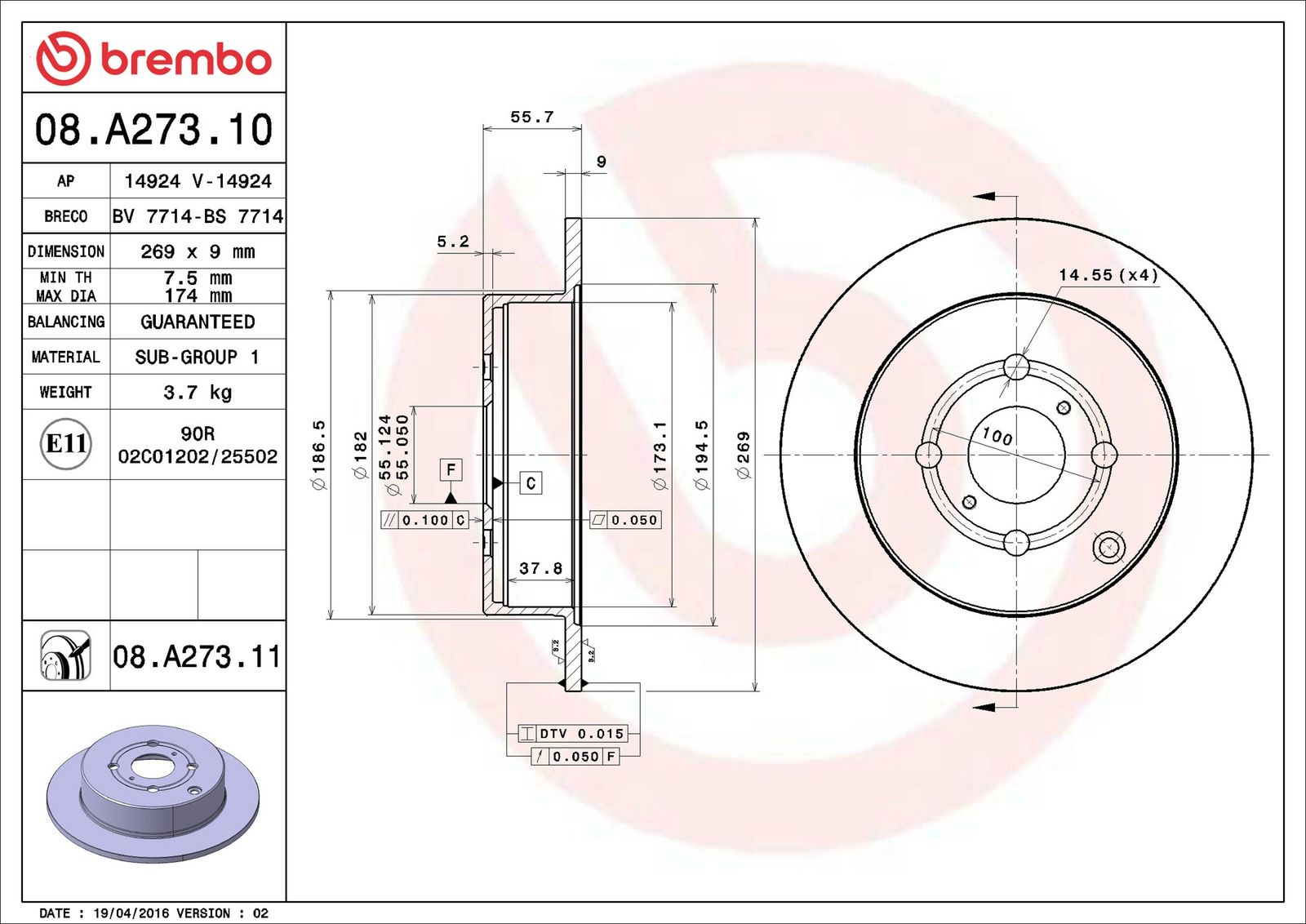 BREMBO 08.A273.11 - Bremsscheibe