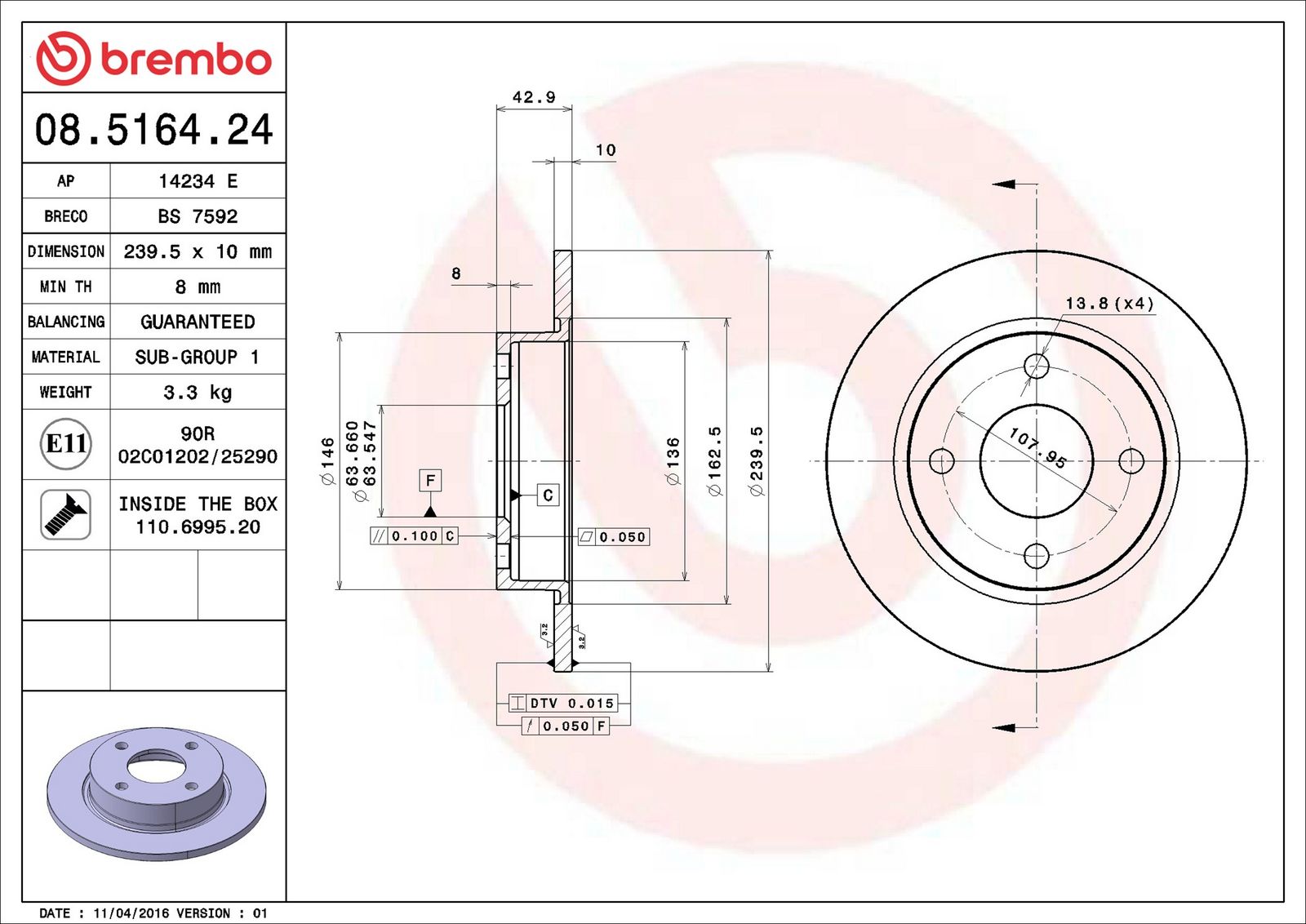 BREMBO 08.5164.24 - Bremsscheibe