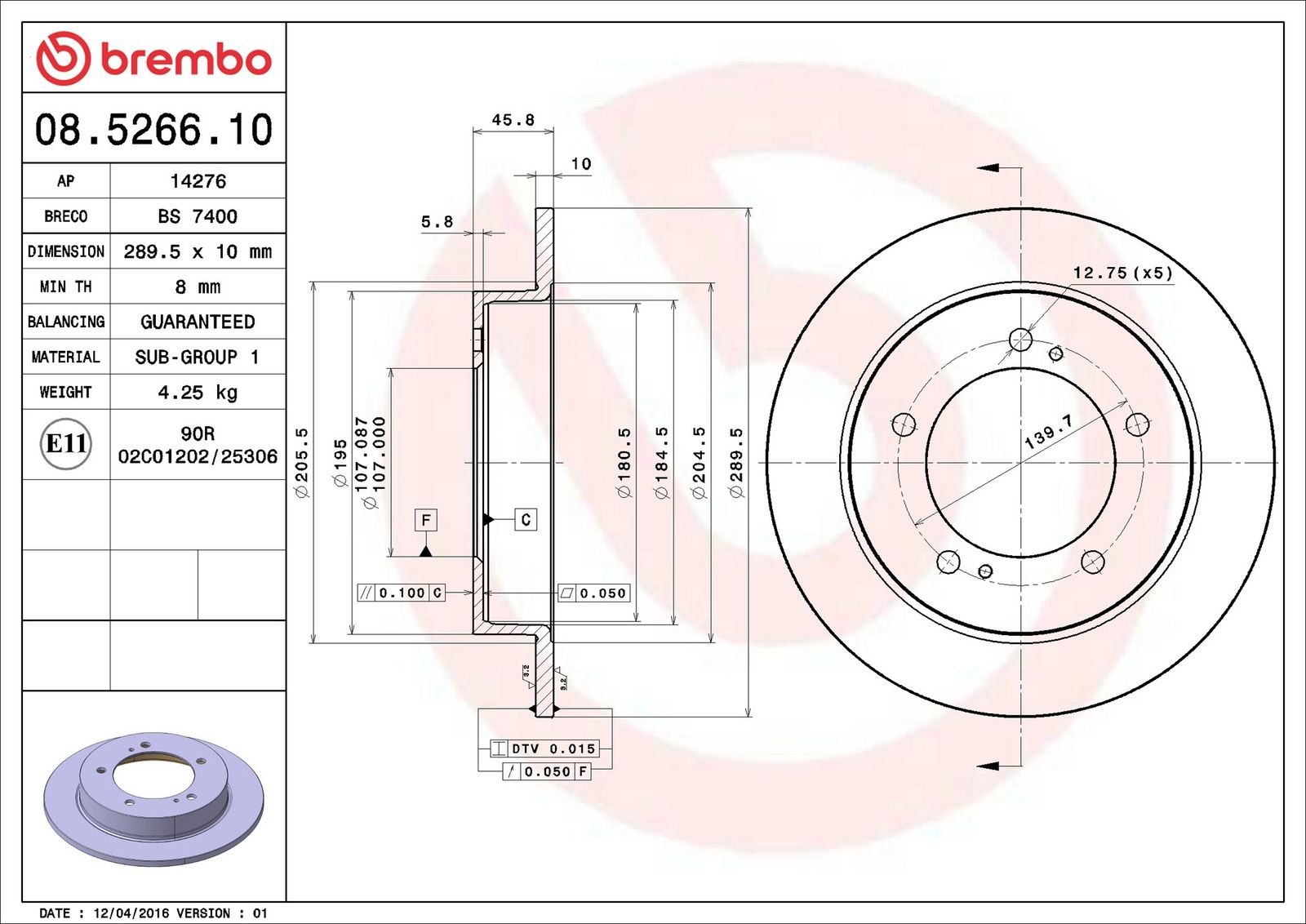 BREMBO 08.5266.10 - Bremsscheibe