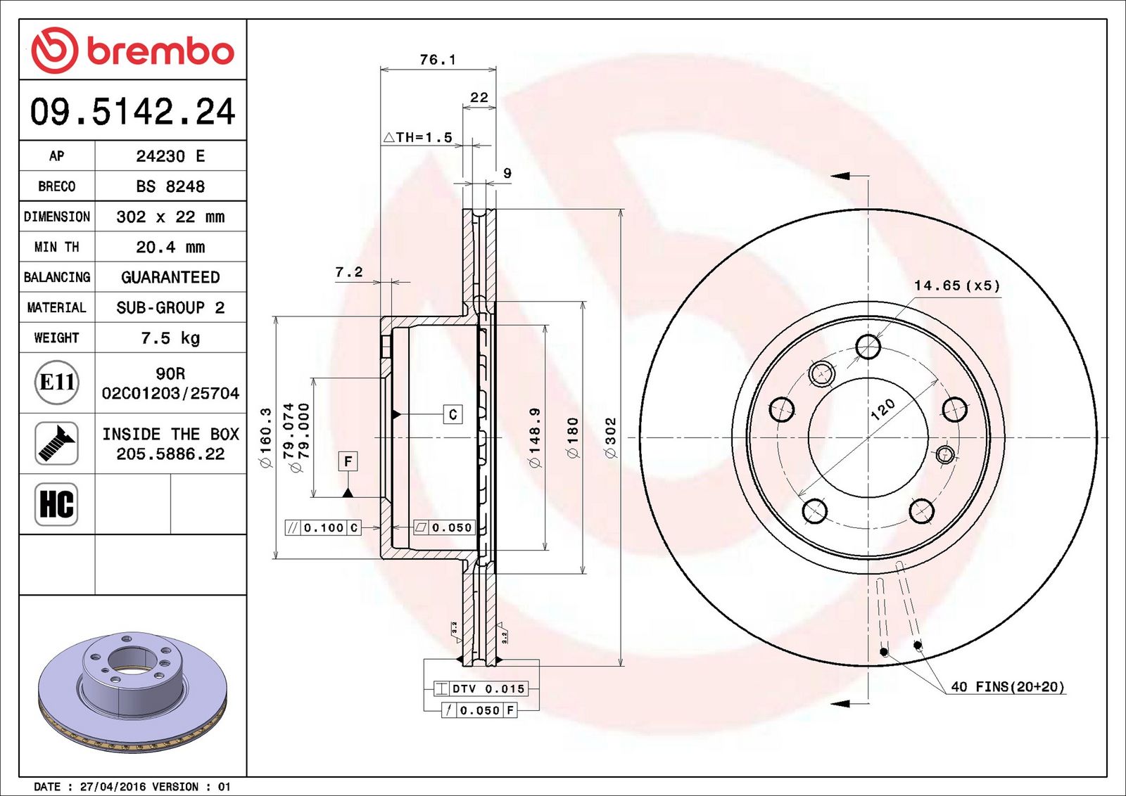 BREMBO 09.5142.24 - Bremsscheibe