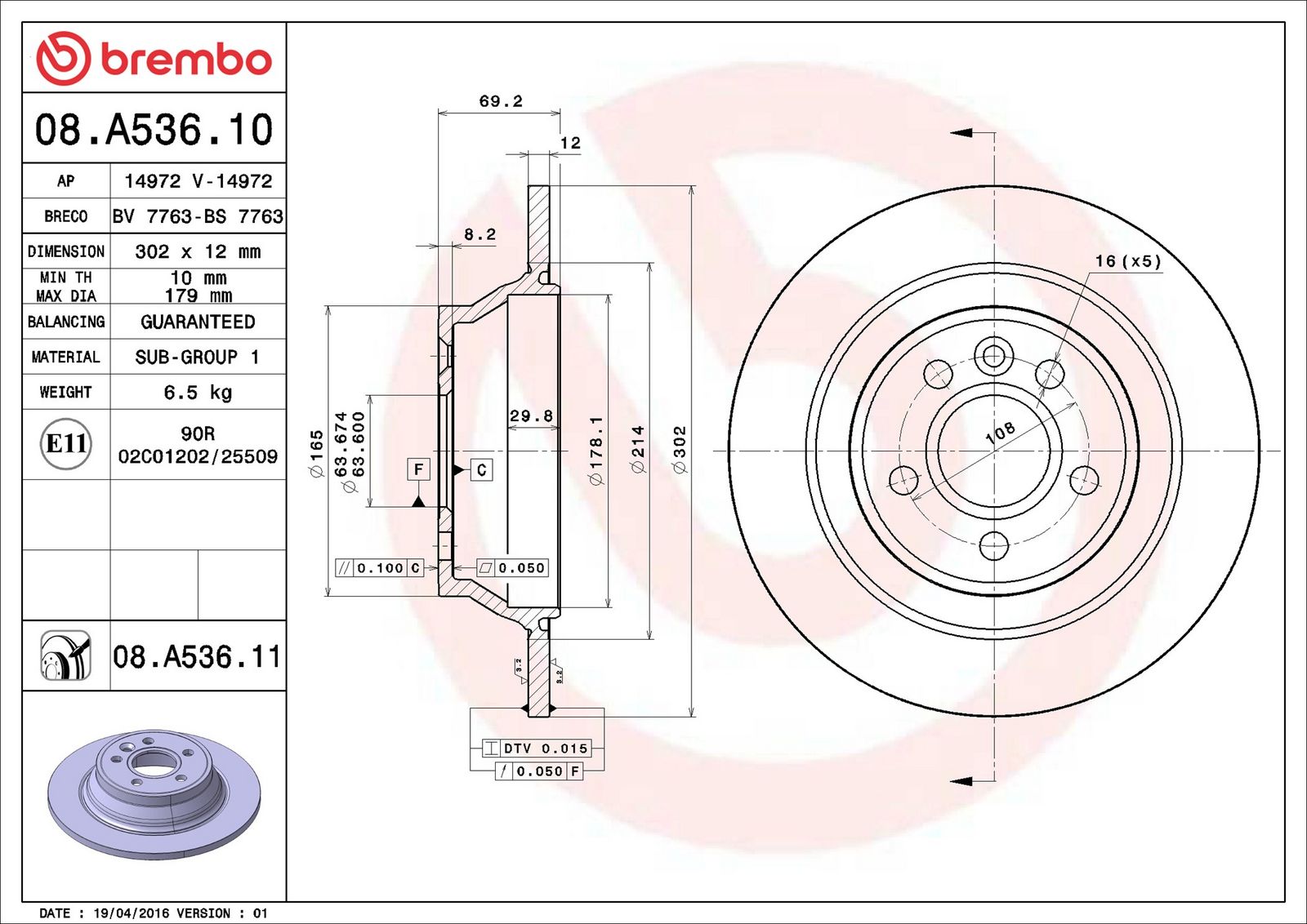 BREMBO 08.A536.11 - Bremsscheibe