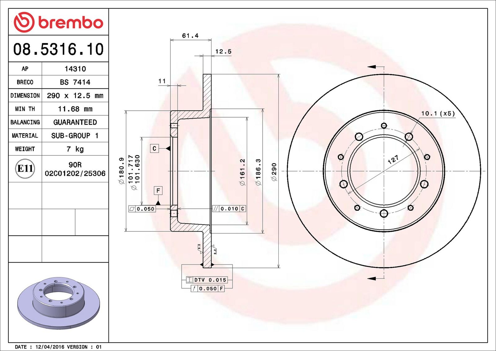 BREMBO 08.5316.10 - Bremsscheibe