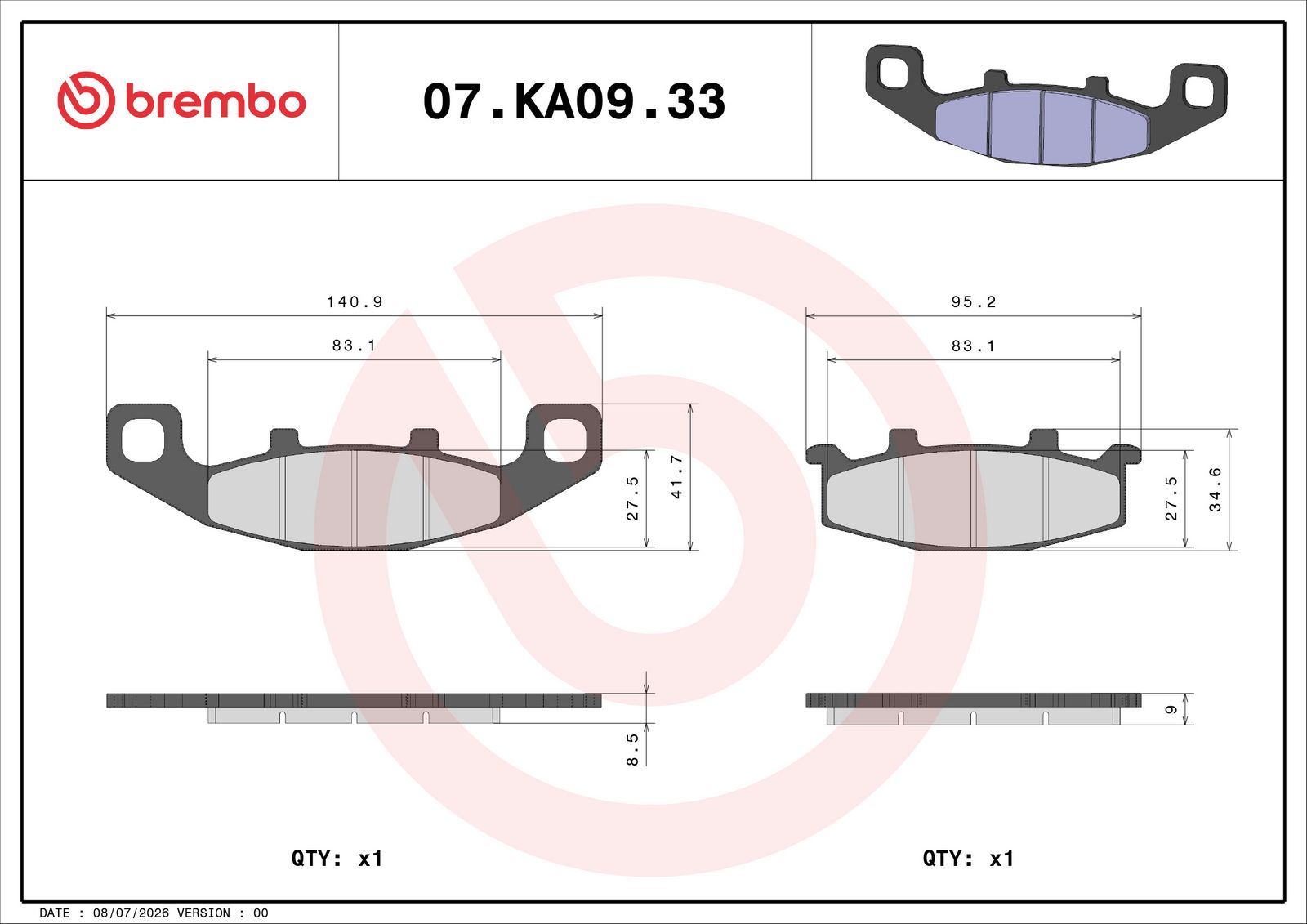 BREMBO 07KA0933 - Bremsbelagsatz, Scheibenbremse