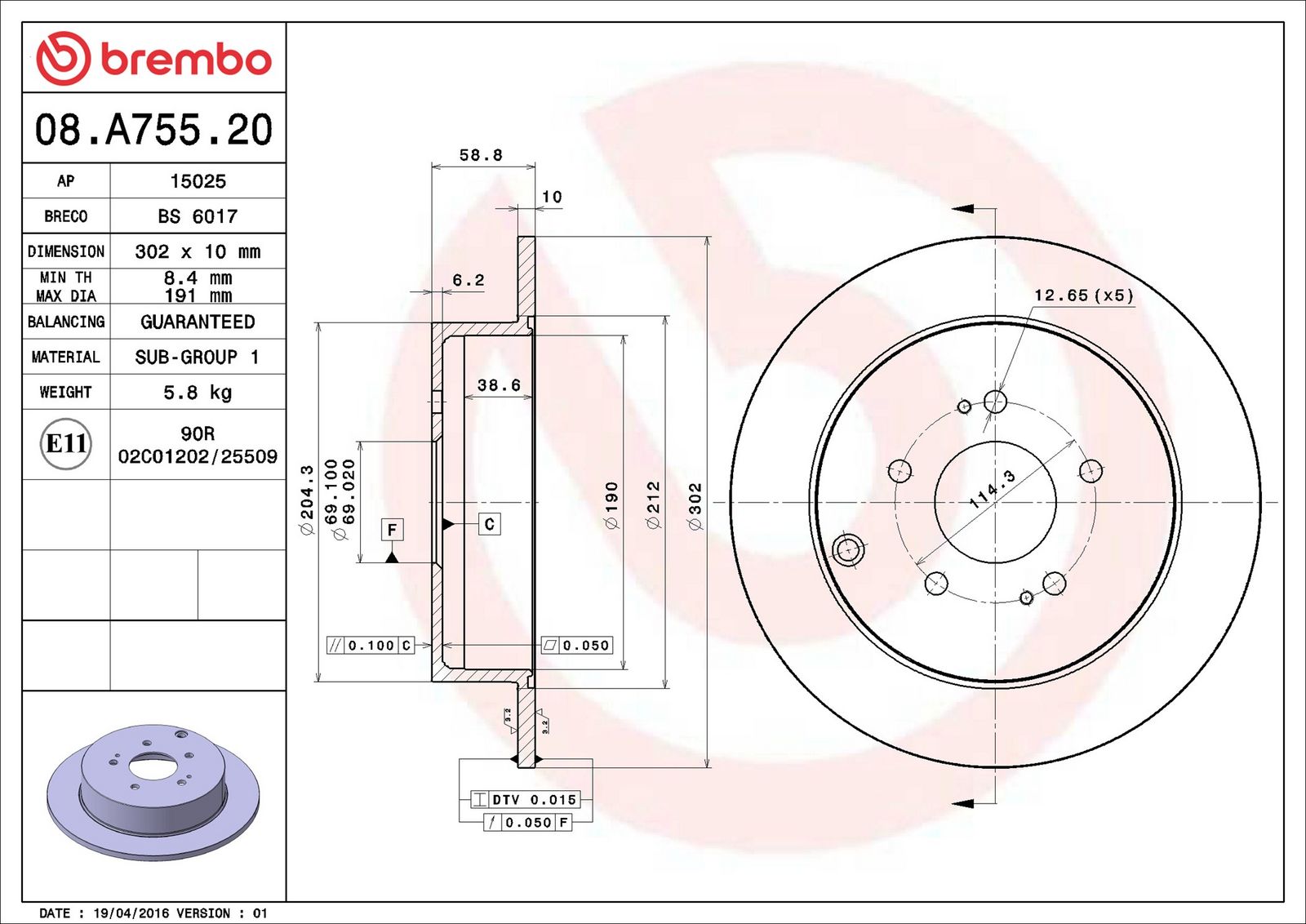 BREMBO 08.A755.20 - Bremsscheibe