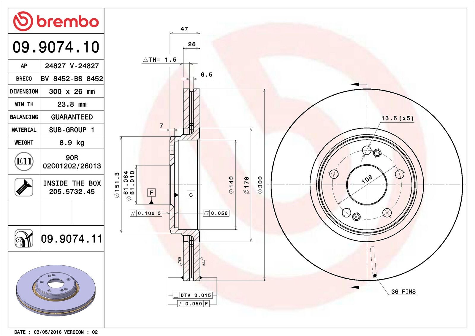 BREMBO 09.9074.11 - Bremsscheibe