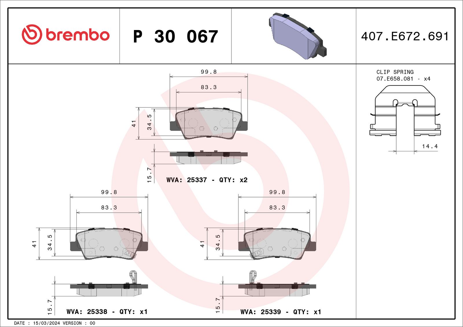BREMBO P 30 067 - Bremsbelagsatz, Scheibenbremse