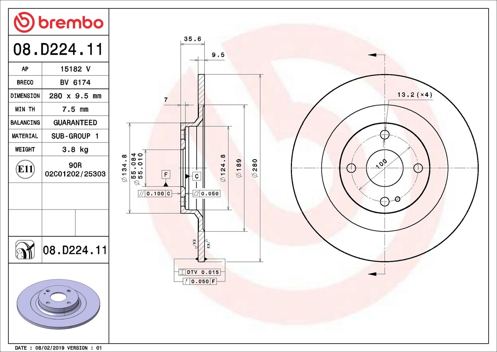 BREMBO 08.D224.11 - Bremsscheibe