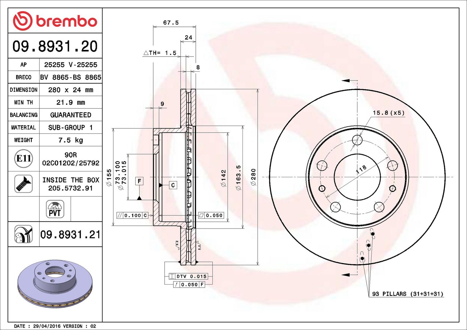 BREMBO 09.8931.21 - Bremsscheibe