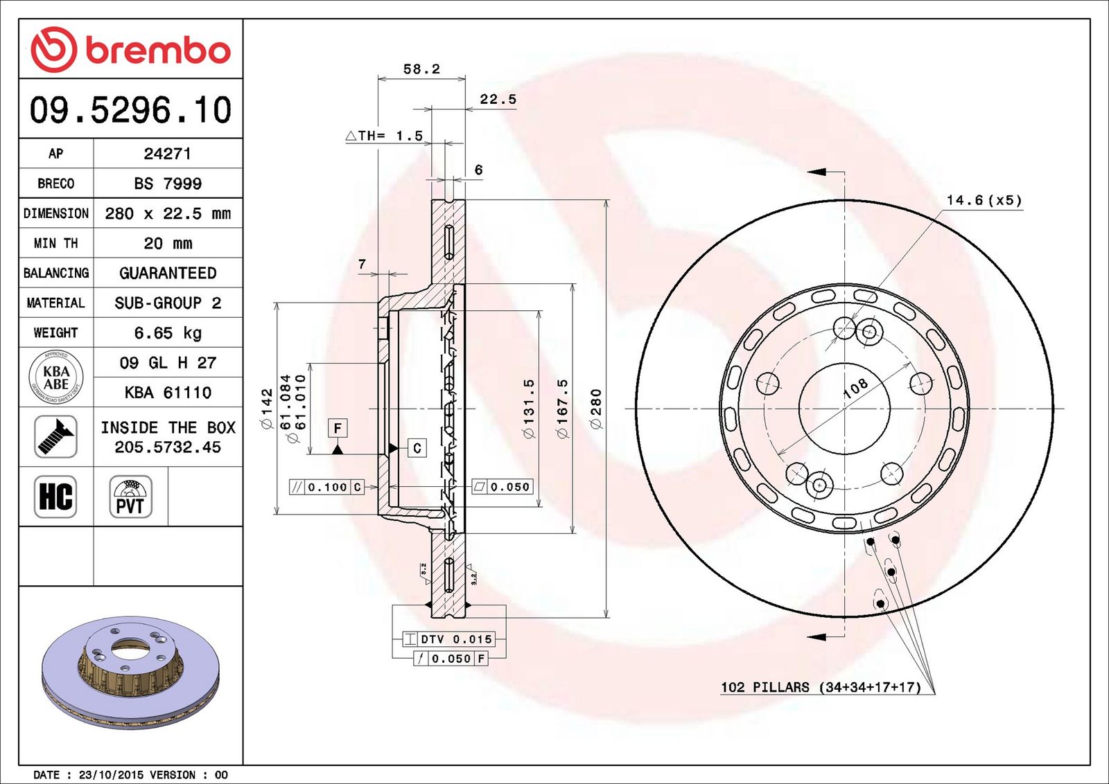 BREMBO 09.5296.10 - Bremsscheibe