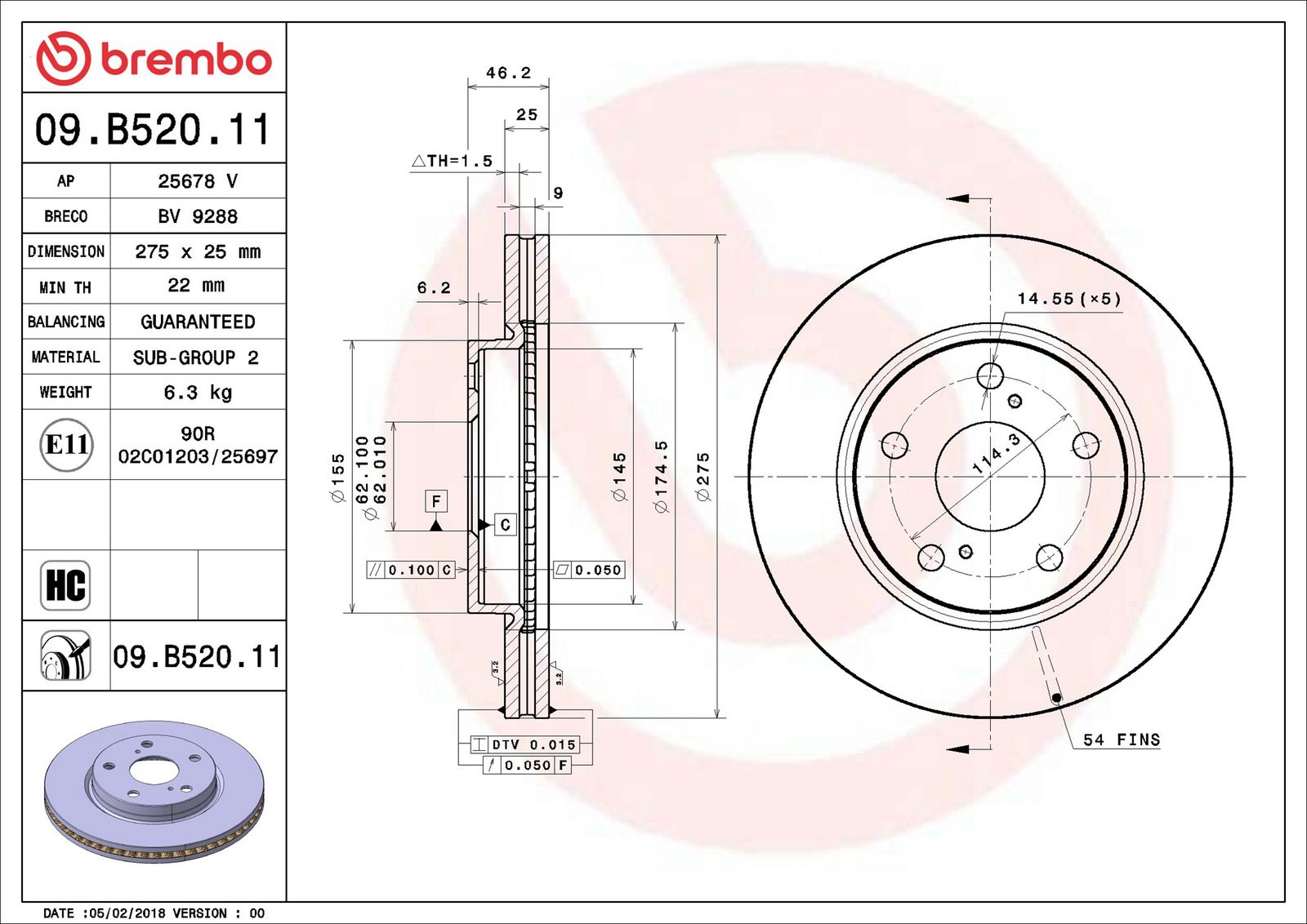 BREMBO 09.B520.11 - Bremsscheibe