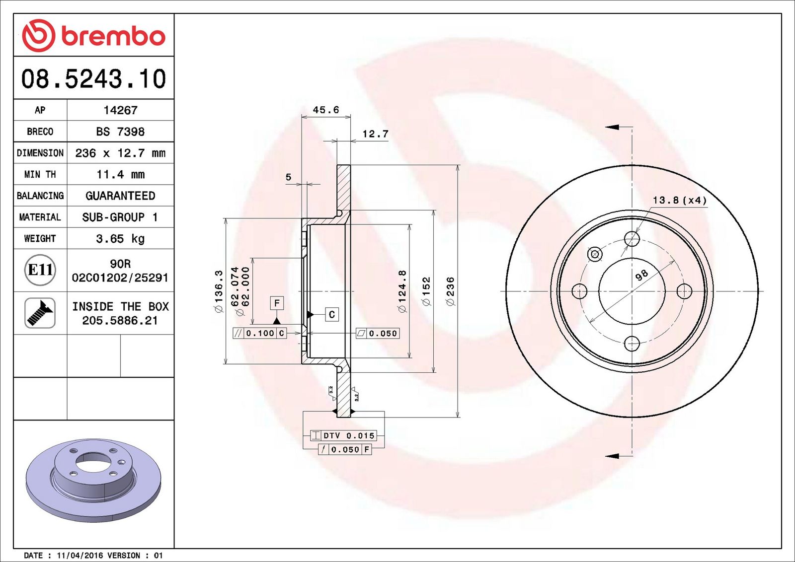 BREMBO 08.5243.10 - Bremsscheibe