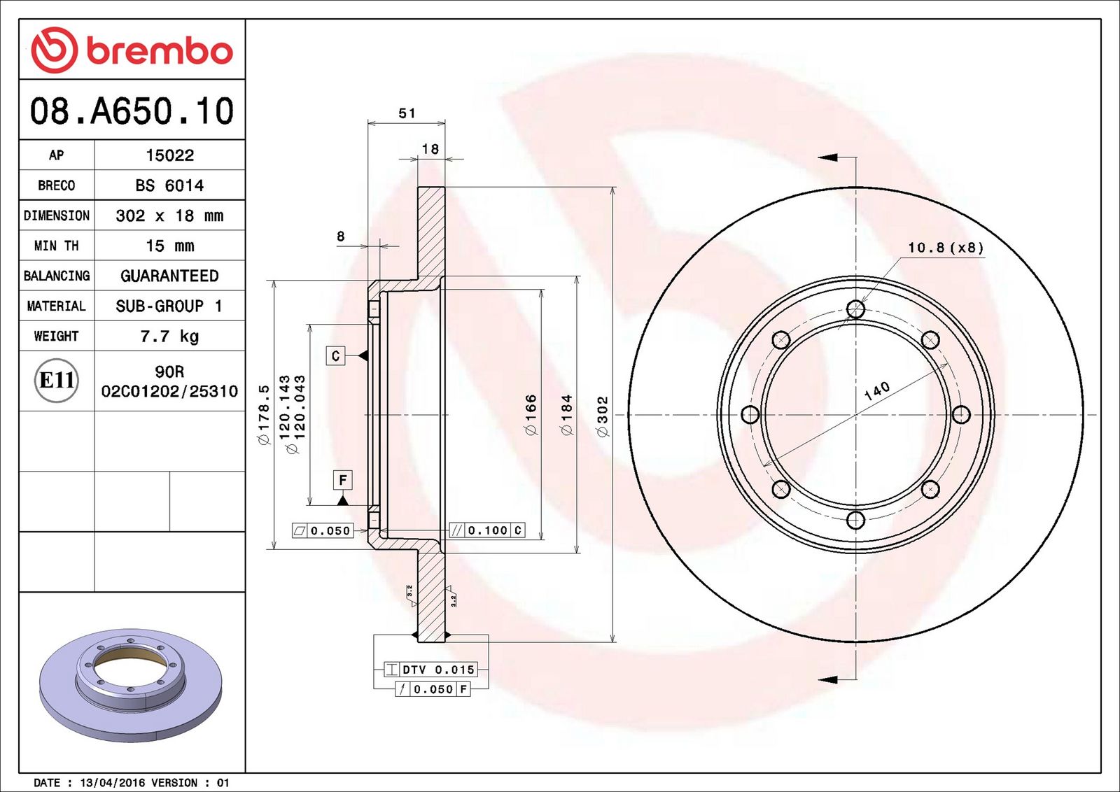 BREMBO 08.A650.10 - Bremsscheibe