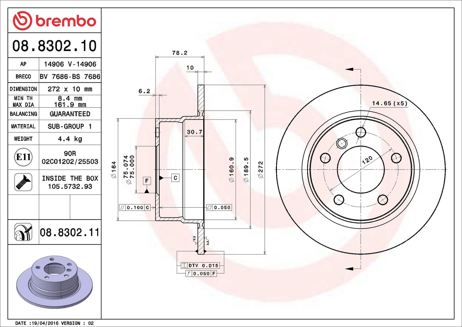 BREMBO 08.8302.11 - Bremsscheibe