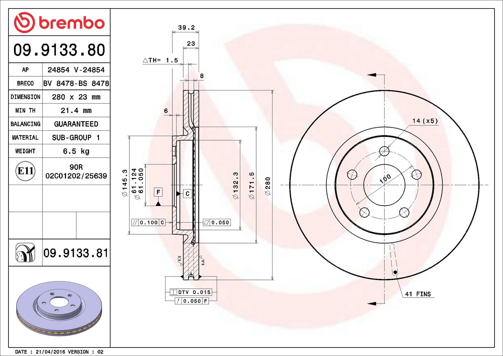 BREMBO 09.9133.81 - Bremsscheibe