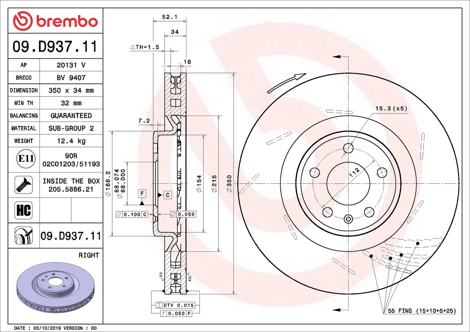BREMBO 09.D937.11 - Bremsscheibe