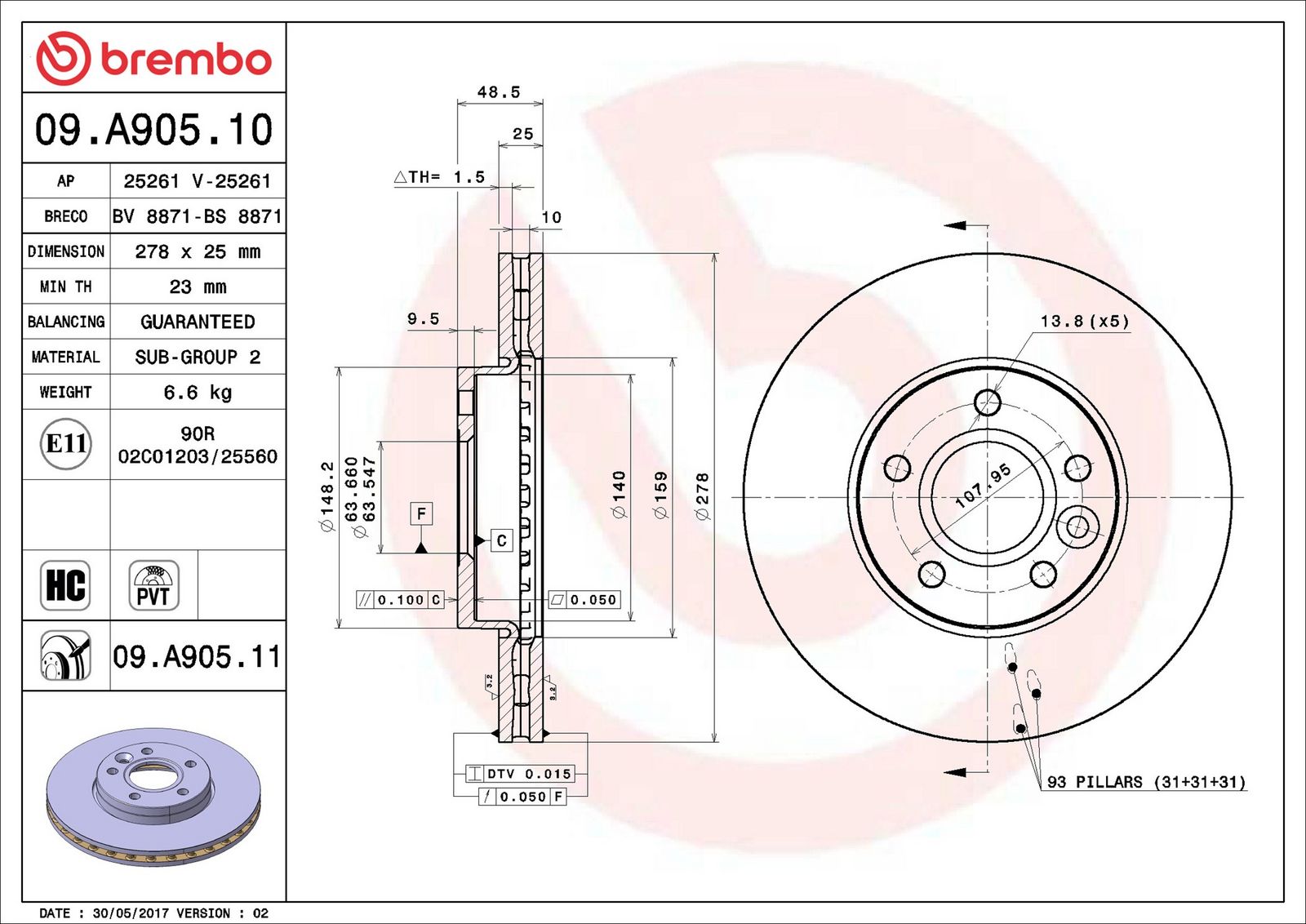 BREMBO 09.A905.11 - Bremsscheibe
